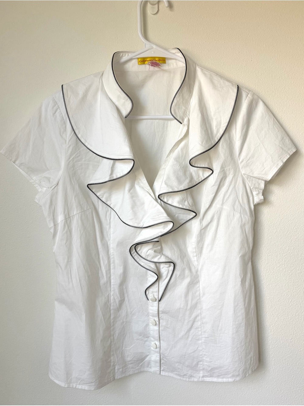 Catherine Malandrino White Short Sleeve Ruffle-Trim Blouse